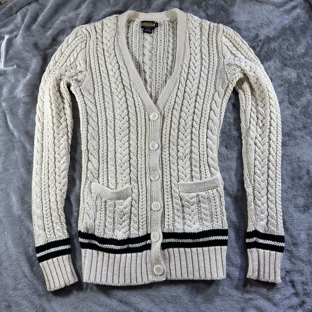 Vintage Ralph Lauren Rugby Cardigan Sweater Womens‎ Small Cable Knit Preppy VTG
